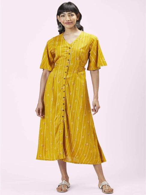 akkriti by pantaloons mustard printed shirt dress