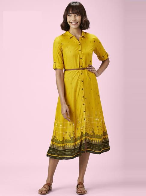 akkriti by pantaloons mustard printed shirt dress