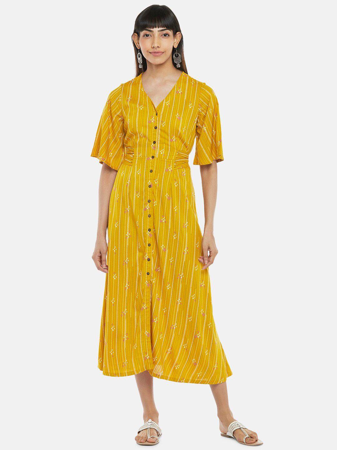 akkriti by pantaloons mustard yellow a-line midi dress