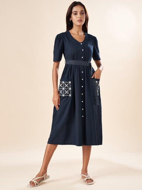 akkriti by pantaloons navy cotton embroidered a-line dress