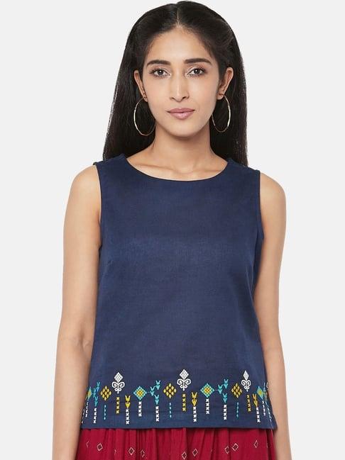 akkriti by pantaloons navy cotton embroidered top