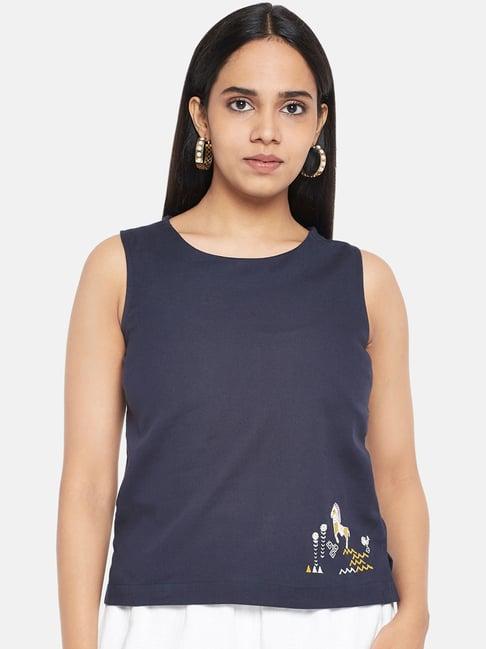 akkriti by pantaloons navy cotton embroidered top