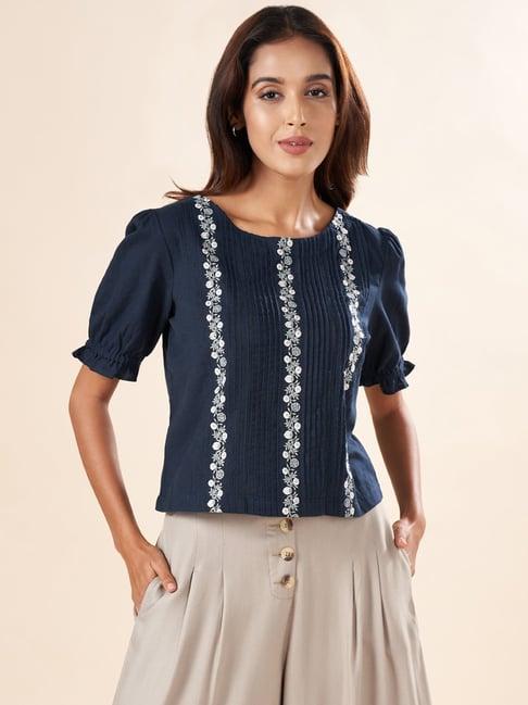 akkriti by pantaloons navy cotton embroidered top