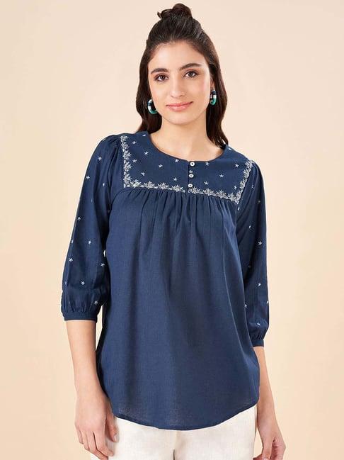 akkriti by pantaloons navy cotton embroidered tunic