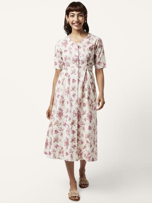 akkriti by pantaloons off-white & pink cotton floral print a-line dress