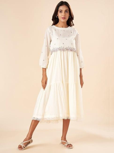 akkriti by pantaloons off-white cotton embroidered skater dress