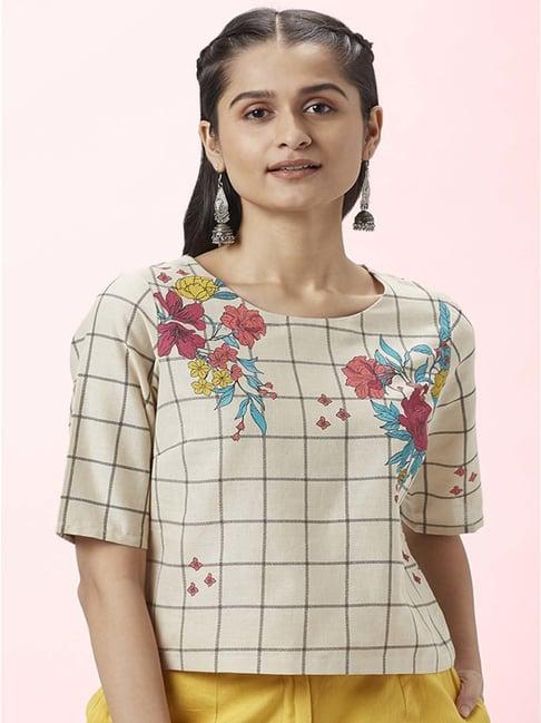 akkriti by pantaloons off-white cotton floral print top