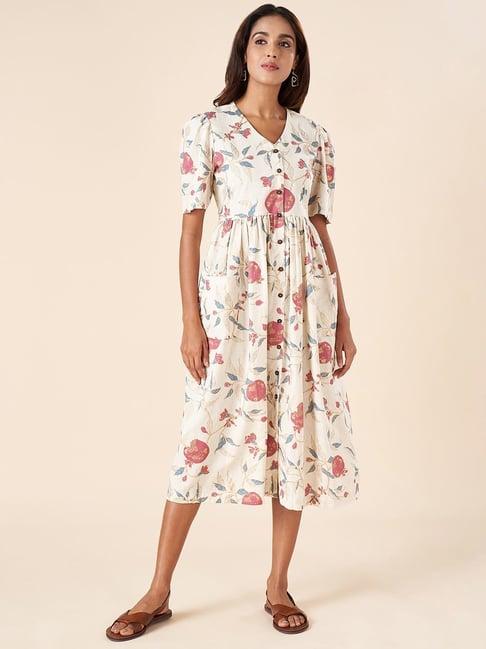 akkriti by pantaloons off-white cotton printed a-line dress