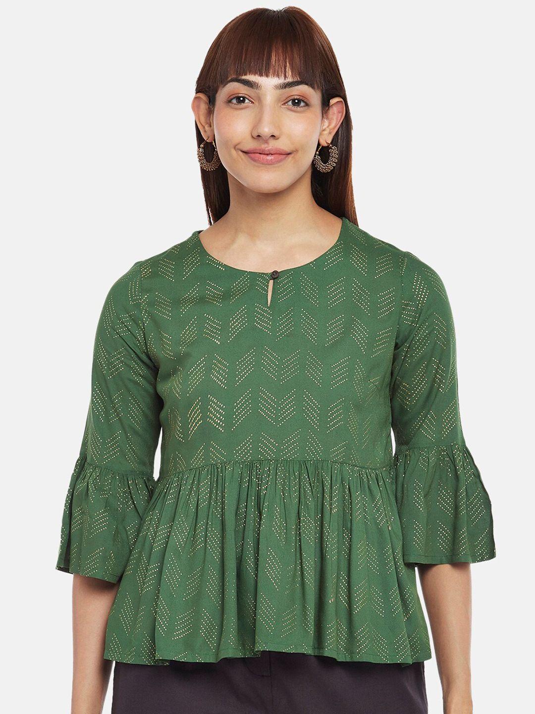 akkriti by pantaloons olive green & beige printed keyhole neck top