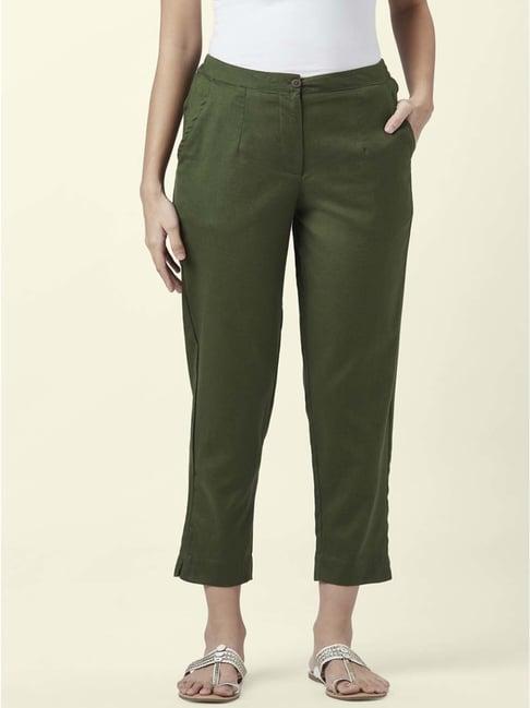 akkriti by pantaloons olive green cotton regular fit pants