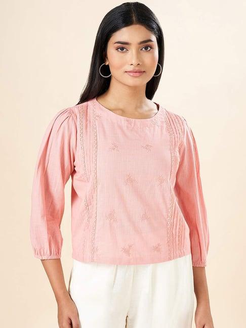 akkriti by pantaloons peach cotton embroidered top