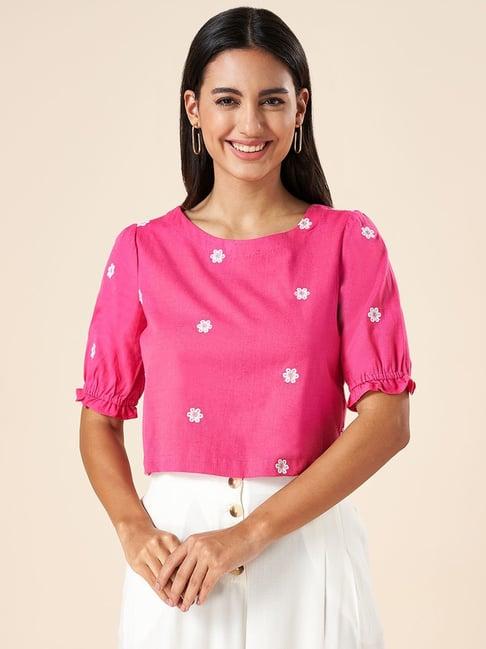 akkriti by pantaloons pink cotton embroidered crop top