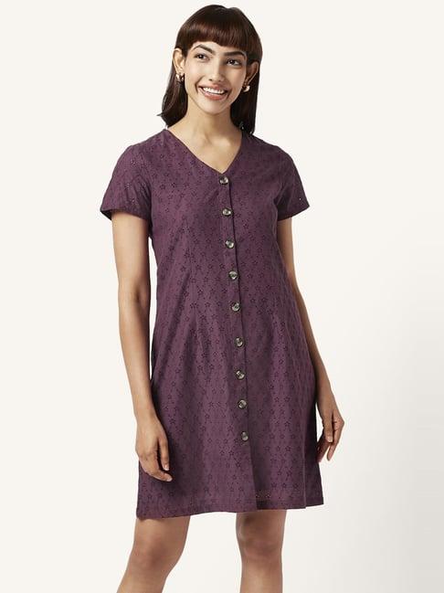 akkriti by pantaloons purple cotton embroidered shift dress