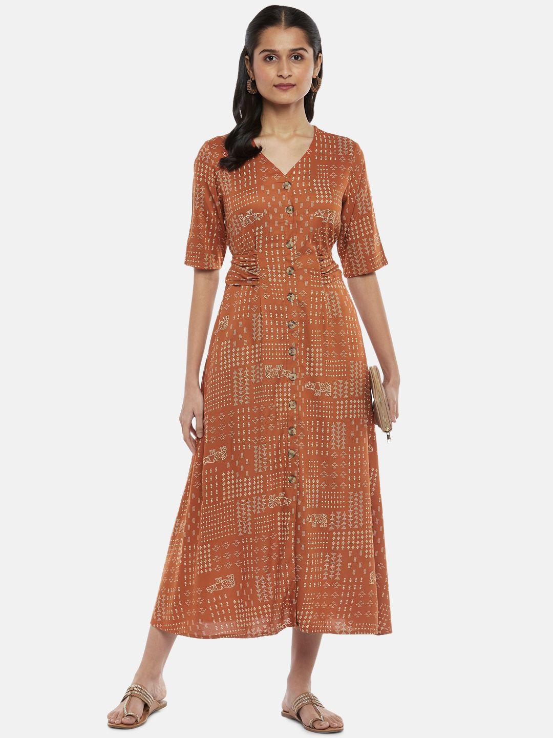 akkriti by pantaloons rust & white printed a-line midi dress