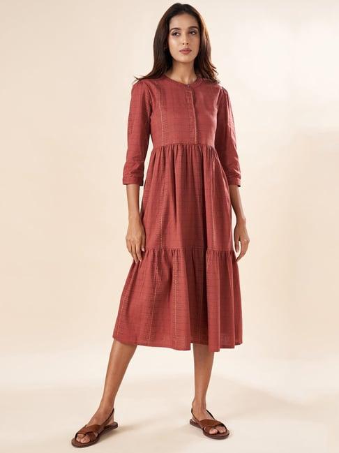 akkriti by pantaloons rust cotton chequered a-line dress