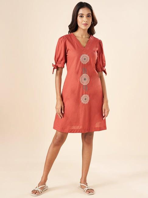 akkriti by pantaloons rust cotton embroidered a-line dress