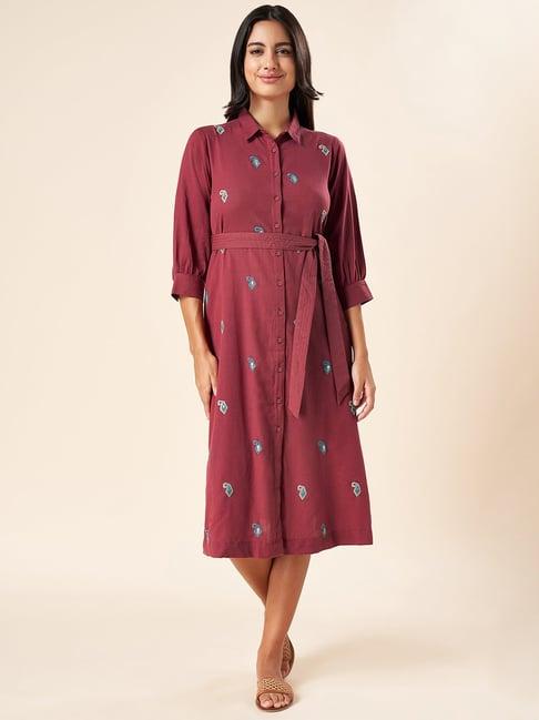 akkriti by pantaloons rust cotton embroidered shirt dress