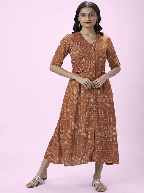 akkriti by pantaloons rust printed a-line dress