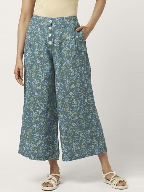 akkriti by pantaloons teal blue cotton floral print culottes