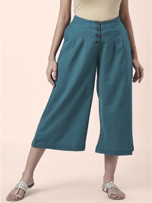 akkriti by pantaloons teal blue cotton mid rise culottes