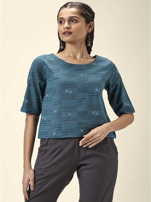 akkriti by pantaloons teal blue cotton printed top