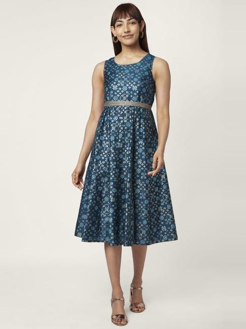 akkriti by pantaloons teal blue printed a-line dress