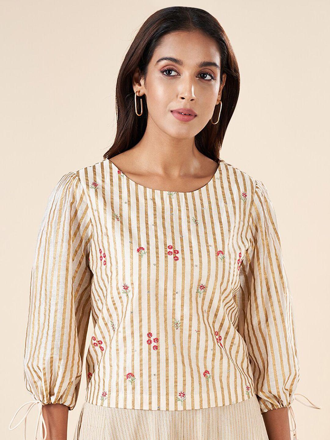 akkriti by pantaloons vertical stripes round neck puff sleeve embroidered regular top