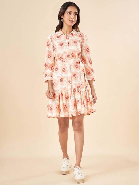 akkriti by pantaloons white & peach floral print shirt dress