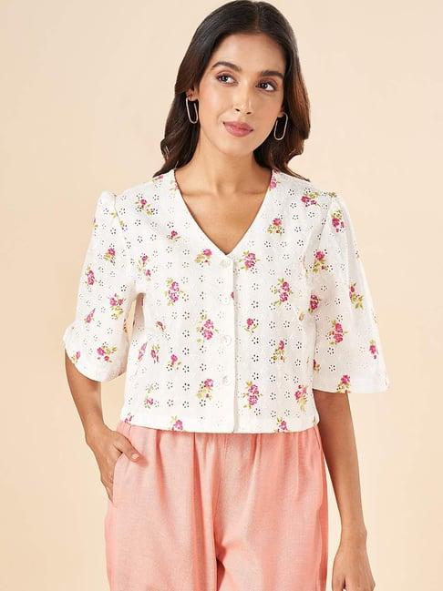 akkriti by pantaloons white & pink cotton printed top