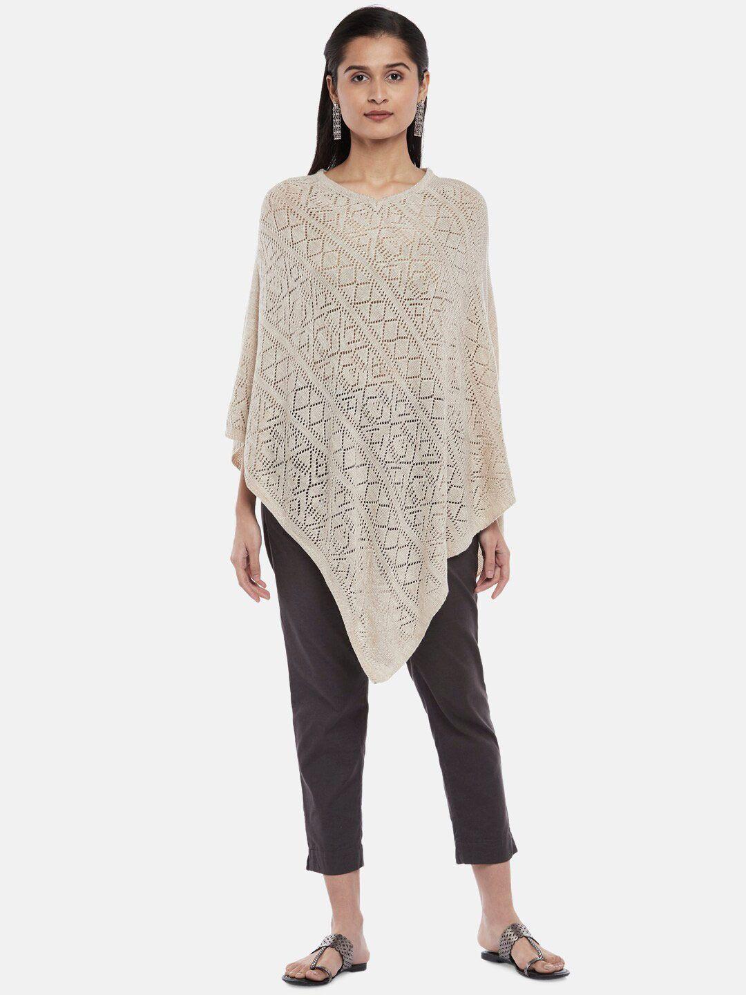 akkriti by pantaloons women beige open knit pure acrylic longline poncho