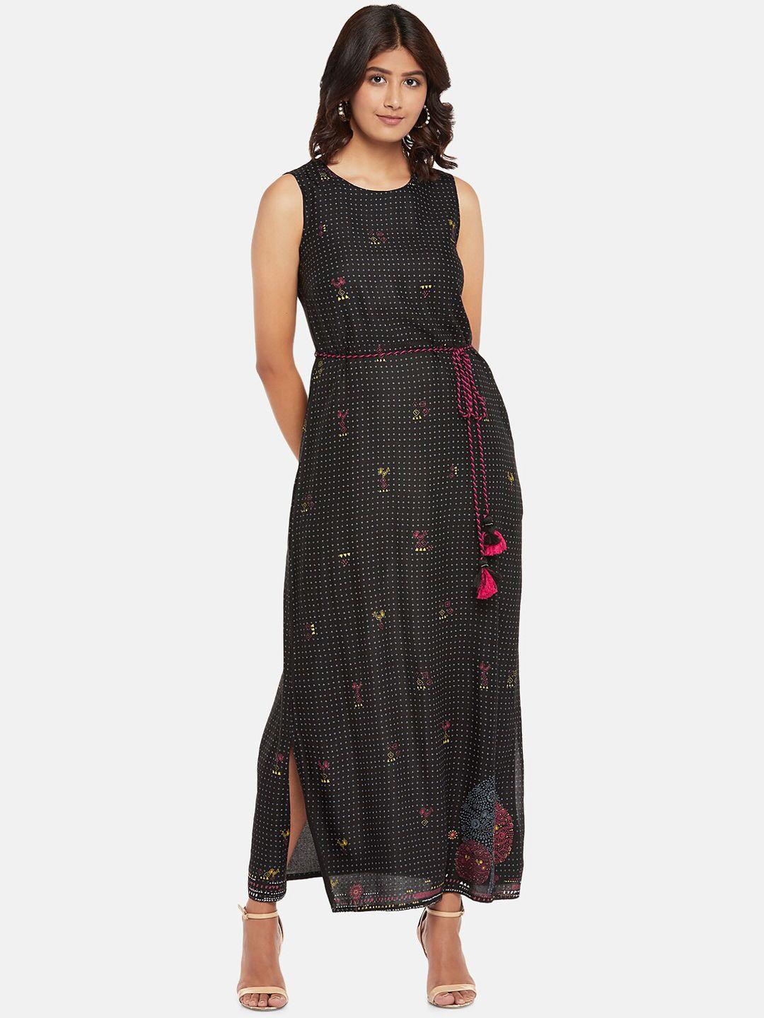akkriti by pantaloons women black & blue ethnic motifs printed belted maxi dress