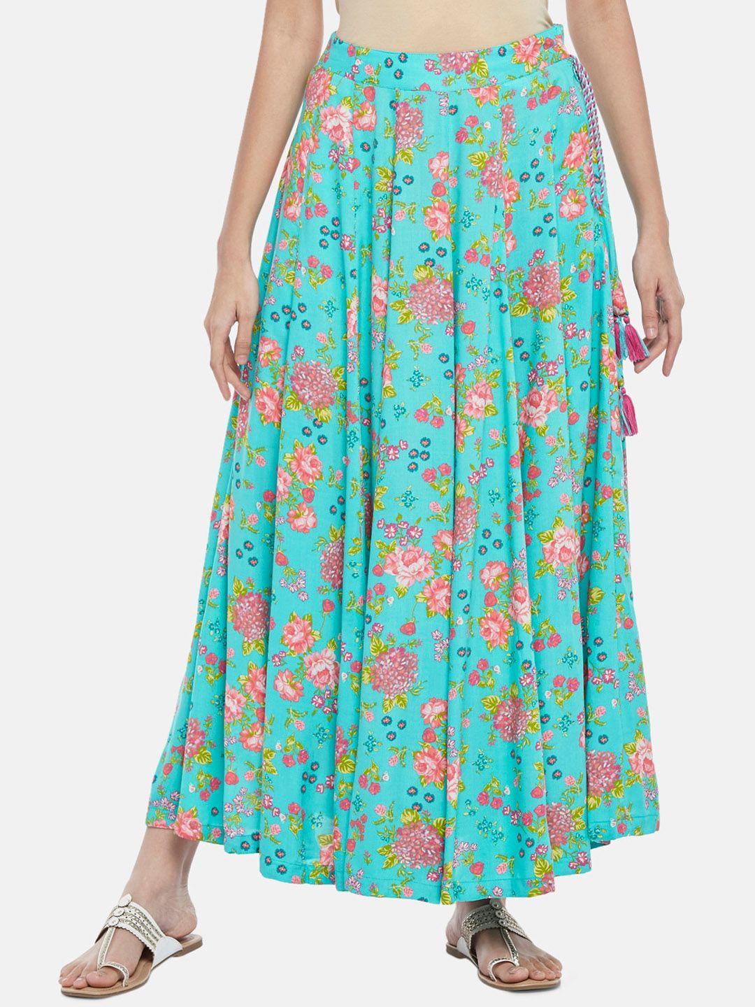 akkriti by pantaloons women blue & pink floral printed flared skirt