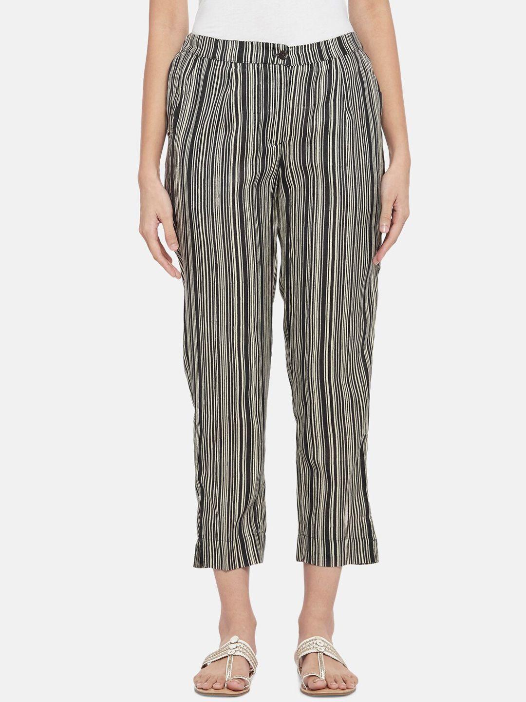 akkriti by pantaloons women charcoal striped regular fit trousers