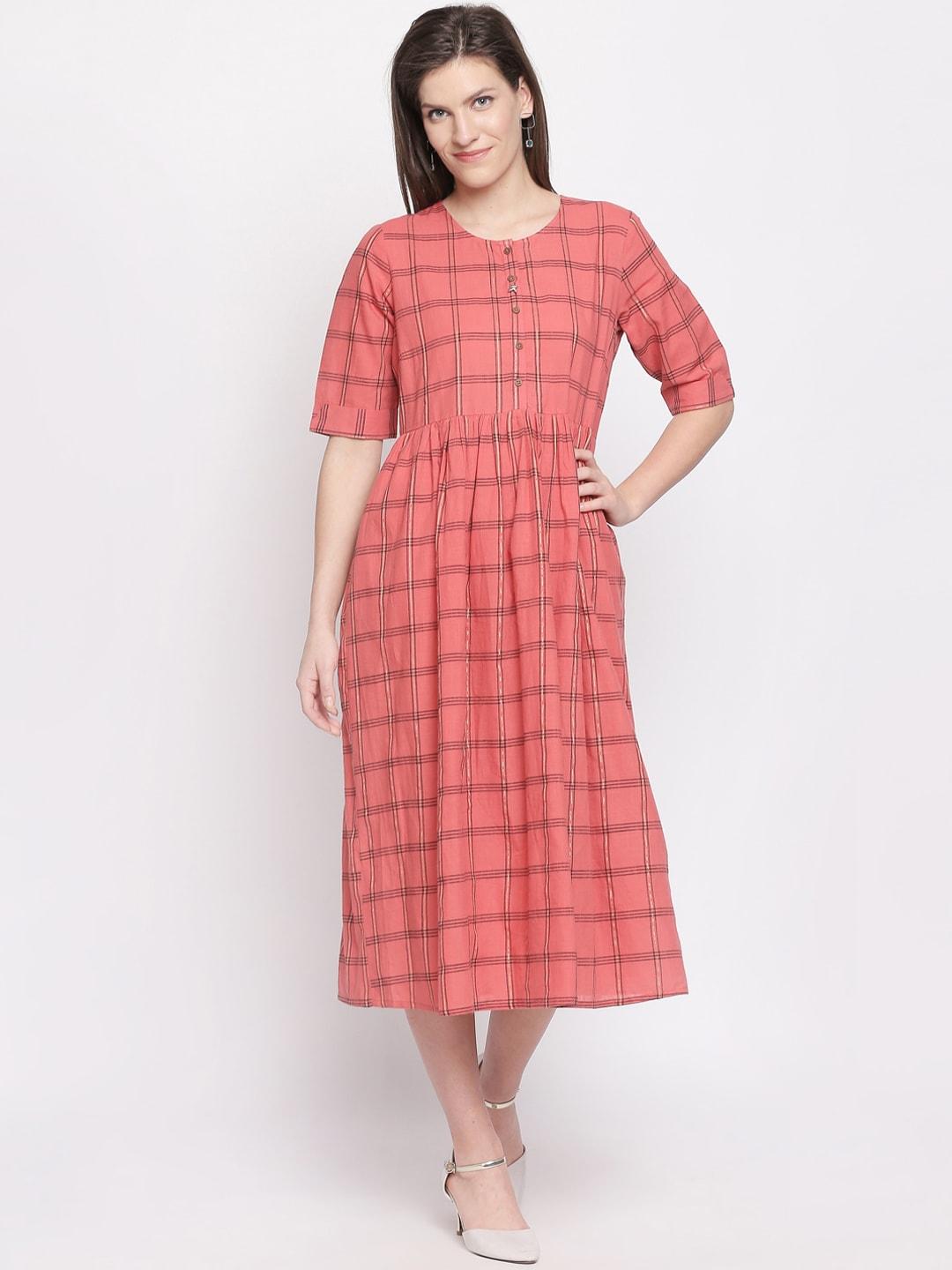 akkriti by pantaloons women coral pink & black checked fit and flare dress