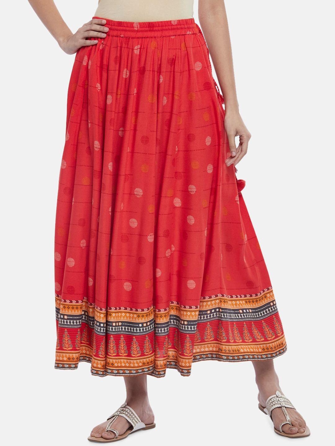 akkriti by pantaloons women coral-red & yellow printed flared maxi skirt