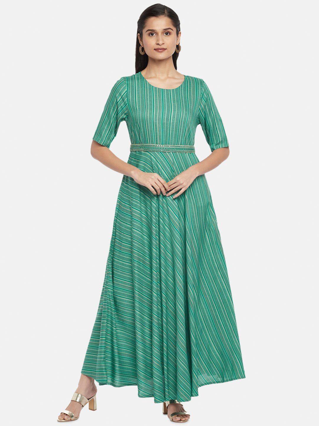 akkriti by pantaloons women green striped ethnic maxi dress