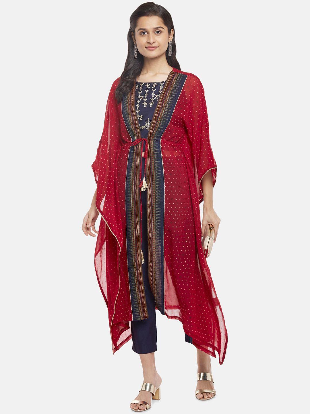 akkriti by pantaloons women maroon ethnic motifs embroidered layered kurti with trousers & with dupatta