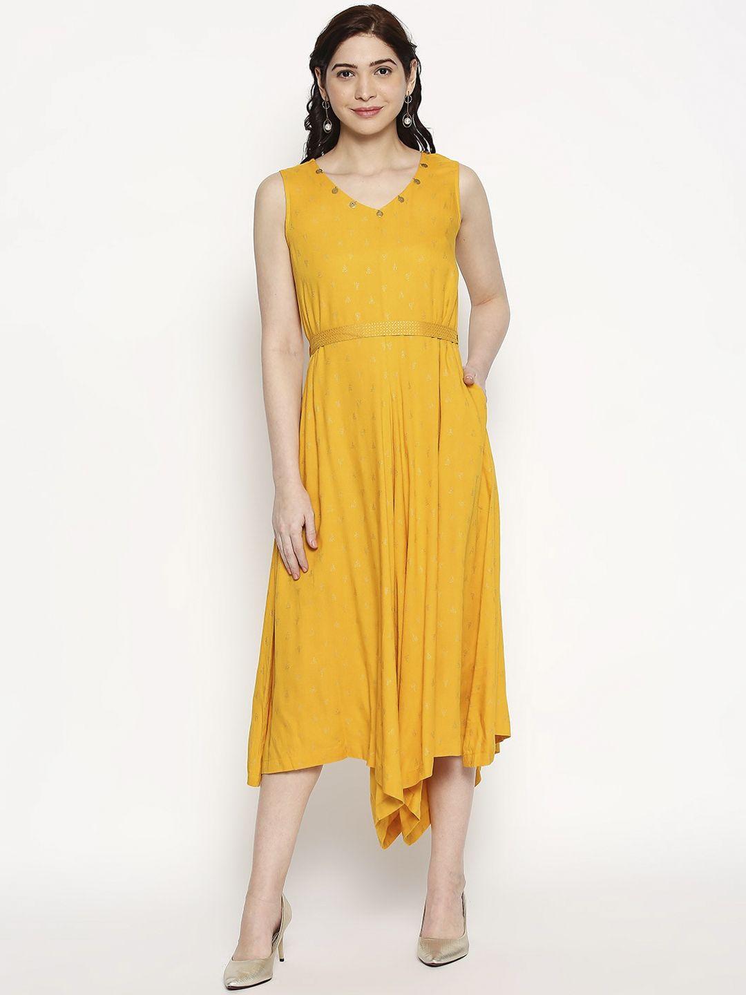 akkriti by pantaloons women mustard self design fit and flare dress