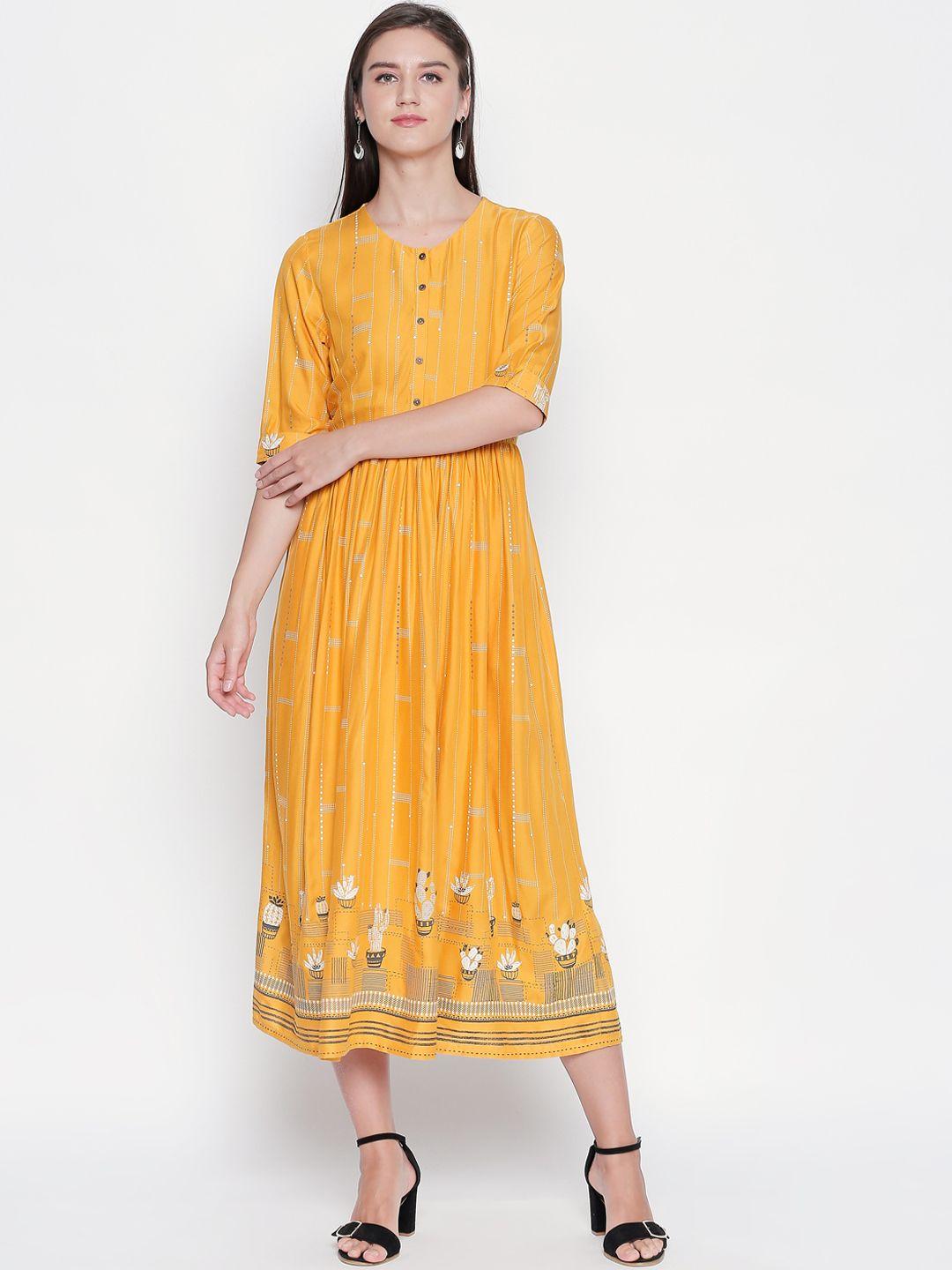 akkriti by pantaloons women mustard yellow printed ethnic maxi ethnic dress