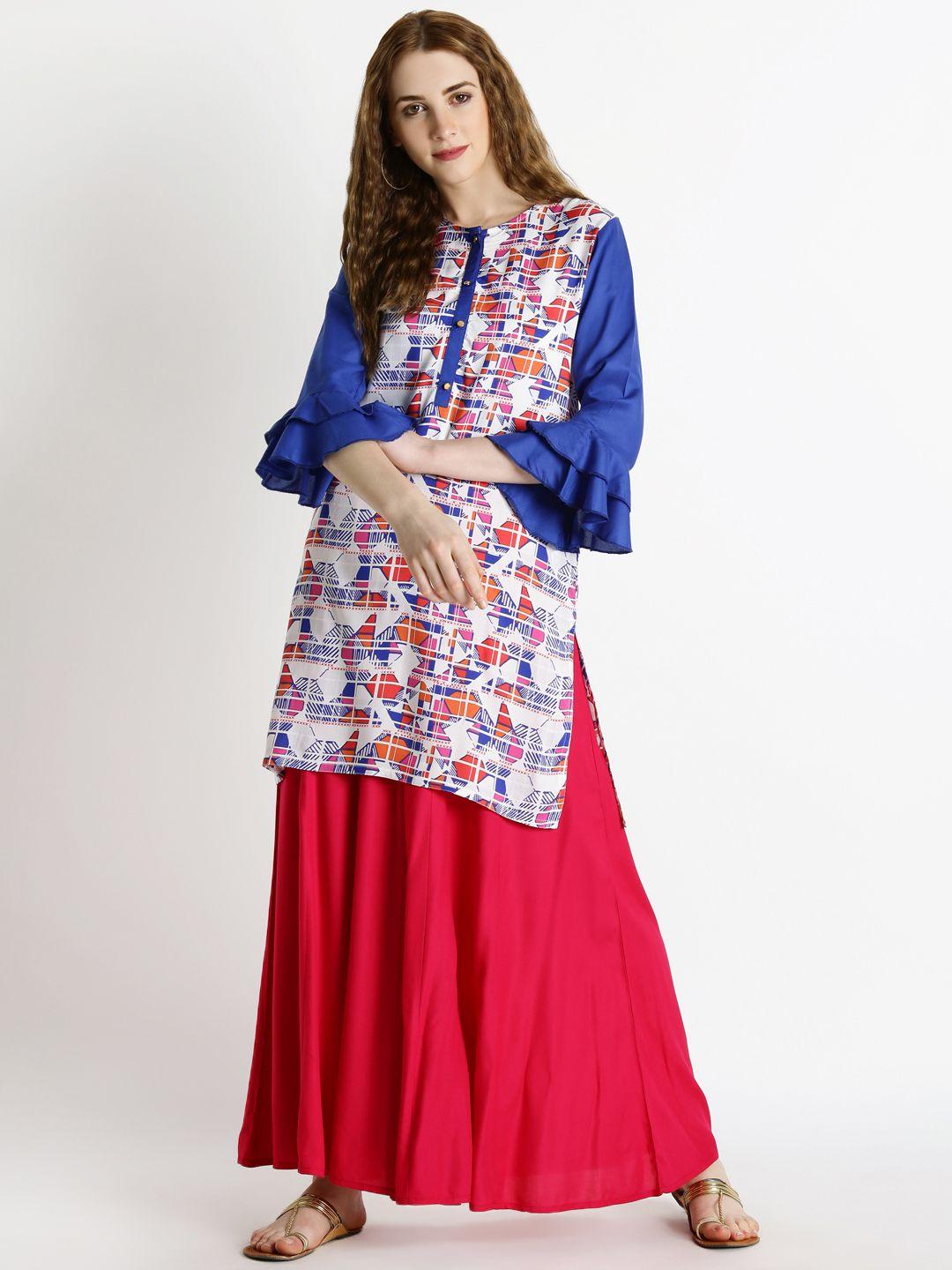 akkriti by pantaloons women off-white & blue printed straight kurta