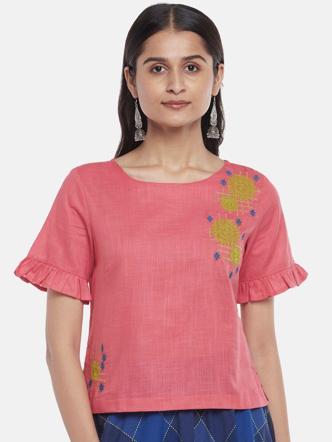 akkriti by pantaloons women pink & green geometric embroidered top