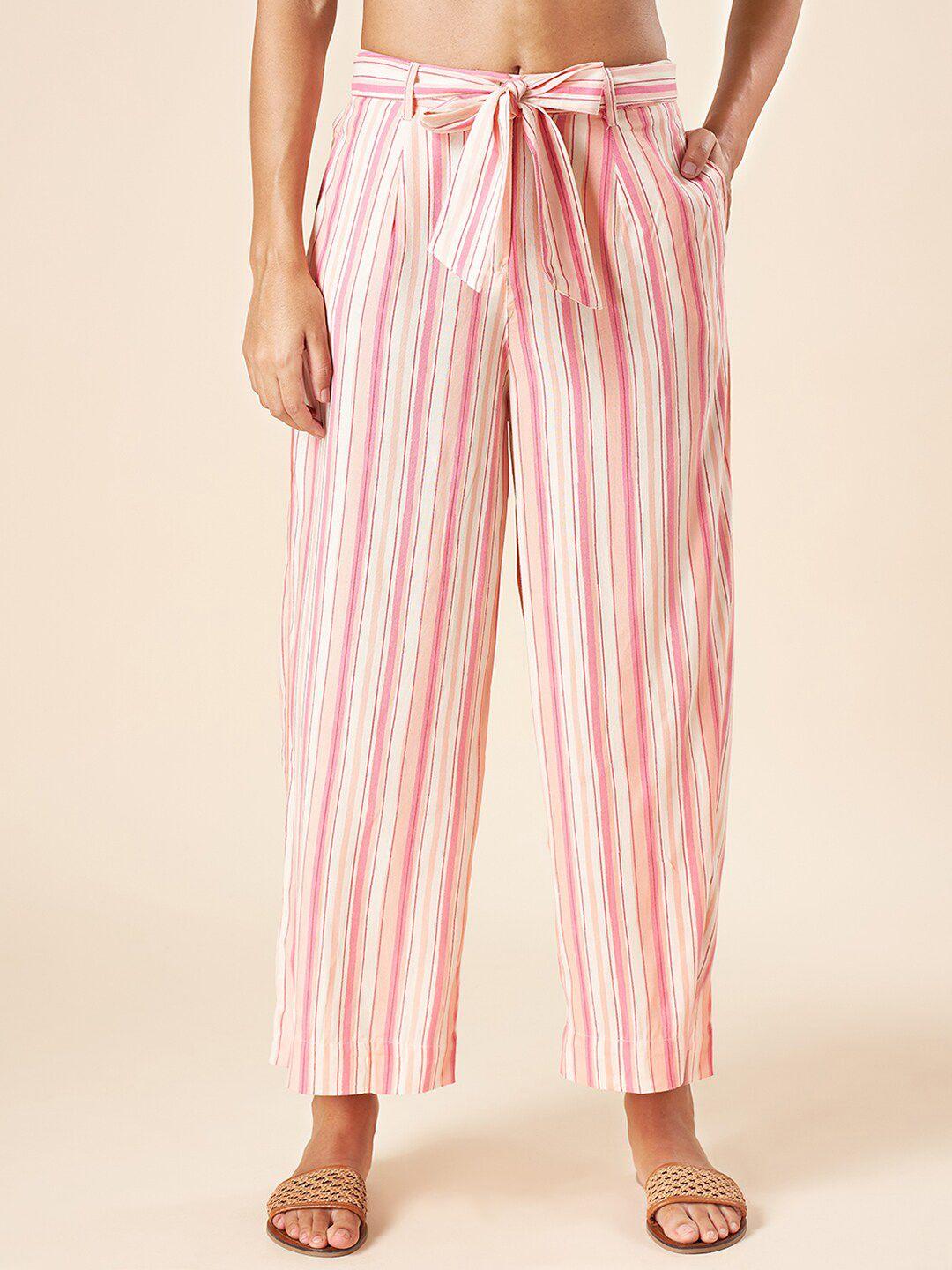 akkriti by pantaloons women pink striped straight fit trousers