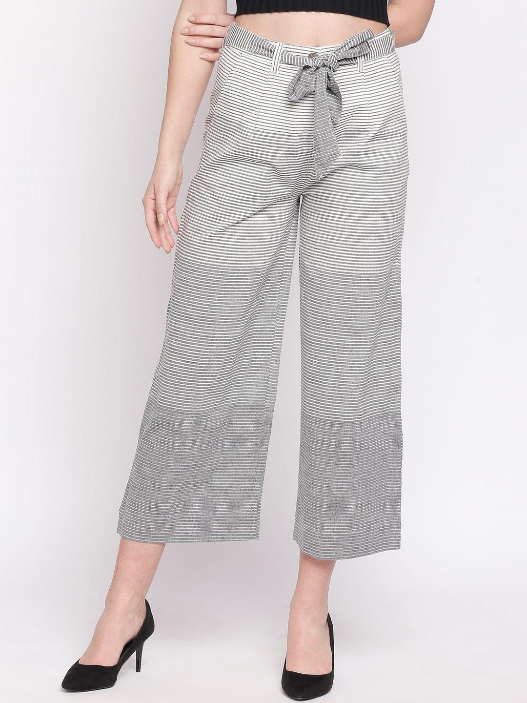 akkriti by pantaloons women white & grey regular fit striped parallel trousers