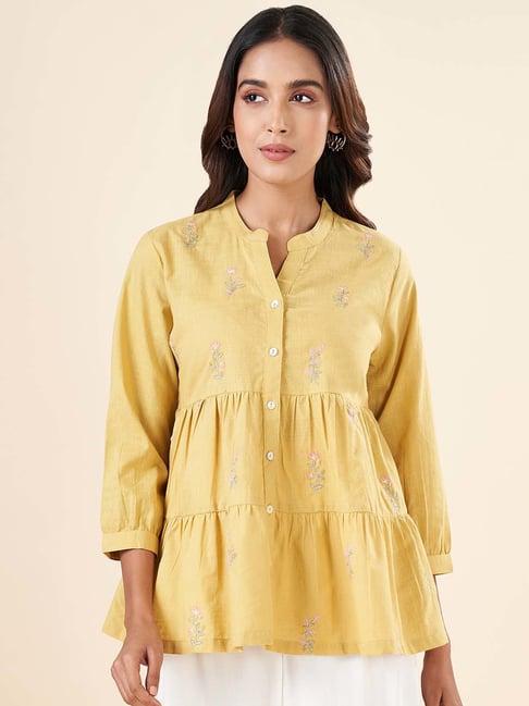 akkriti by pantaloons yellow cotton embroidered top