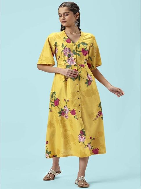 akkriti by pantaloons yellow cotton floral print a-line dress