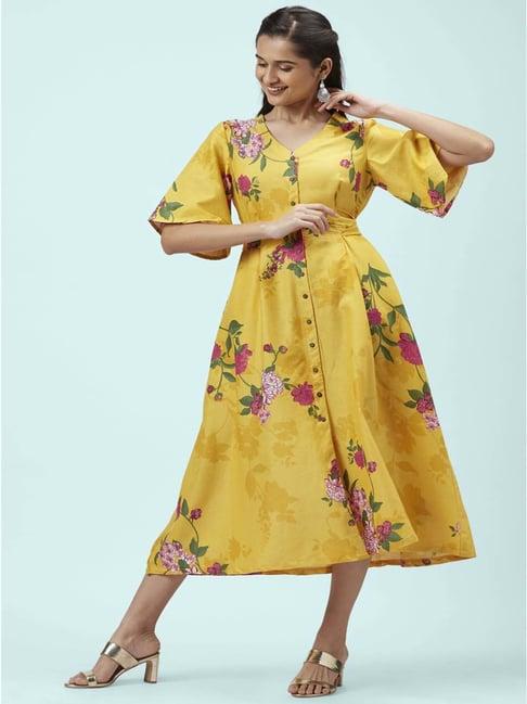 akkriti by pantaloons yellow cotton floral print a-line dress