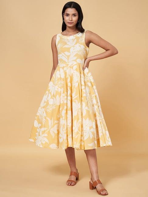 akkriti by pantaloons yellow cotton floral print a-line dress