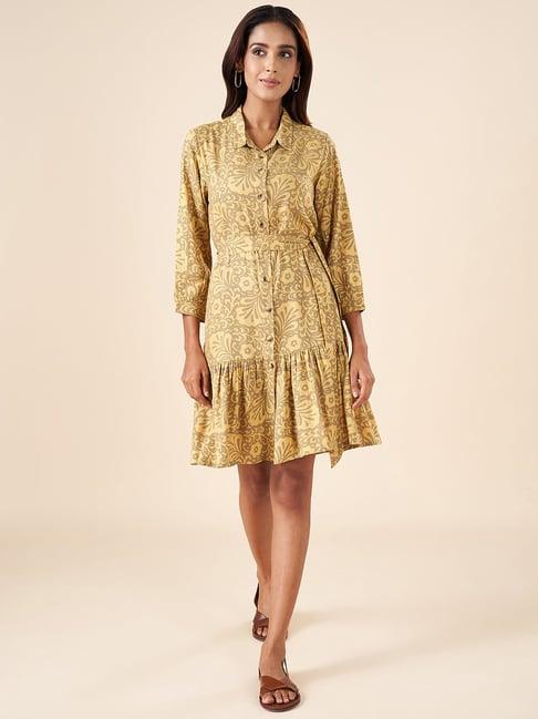 akkriti by pantaloons yellow cotton printed shirt dress