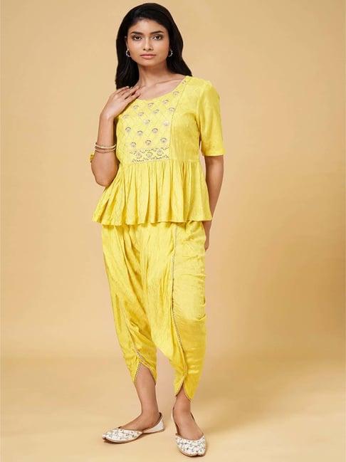 akkriti by pantaloons yellow embellished tunic dhoti pant set