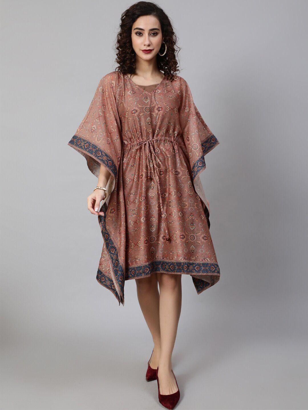 aks brown ethnic motifs print kimono sleeve kaftan dress